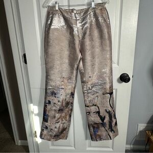 Ecru brand bespoke pants, fully lined, metallic, florals, no size tag, artsy
